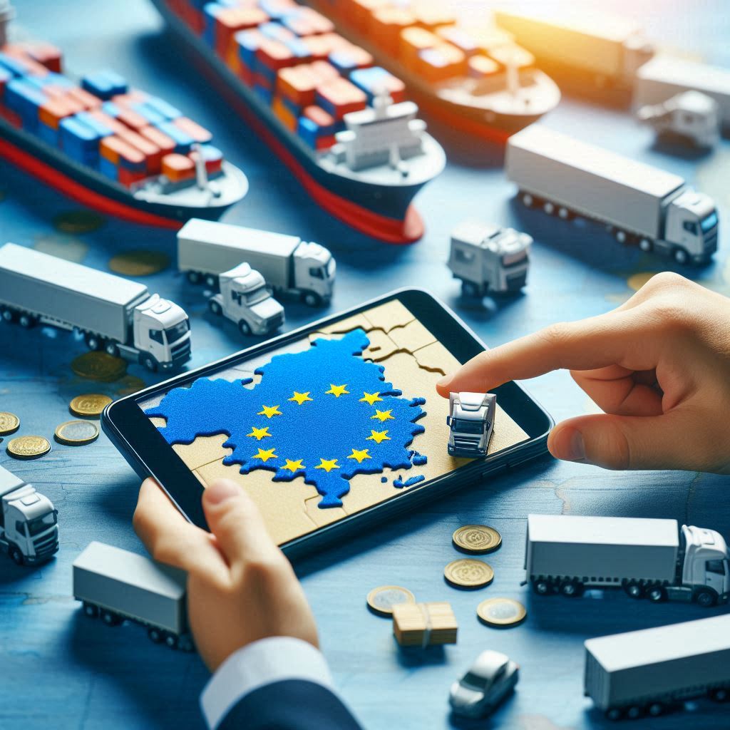 firma bekanntmachen ein bild in dreicksverbindung in form von lastwagen und schiffen zwischen grie 1