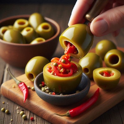 grüne oliven gefüllt mit paprika. die paprika füllung in die Ölivenöffnung reinbauen.